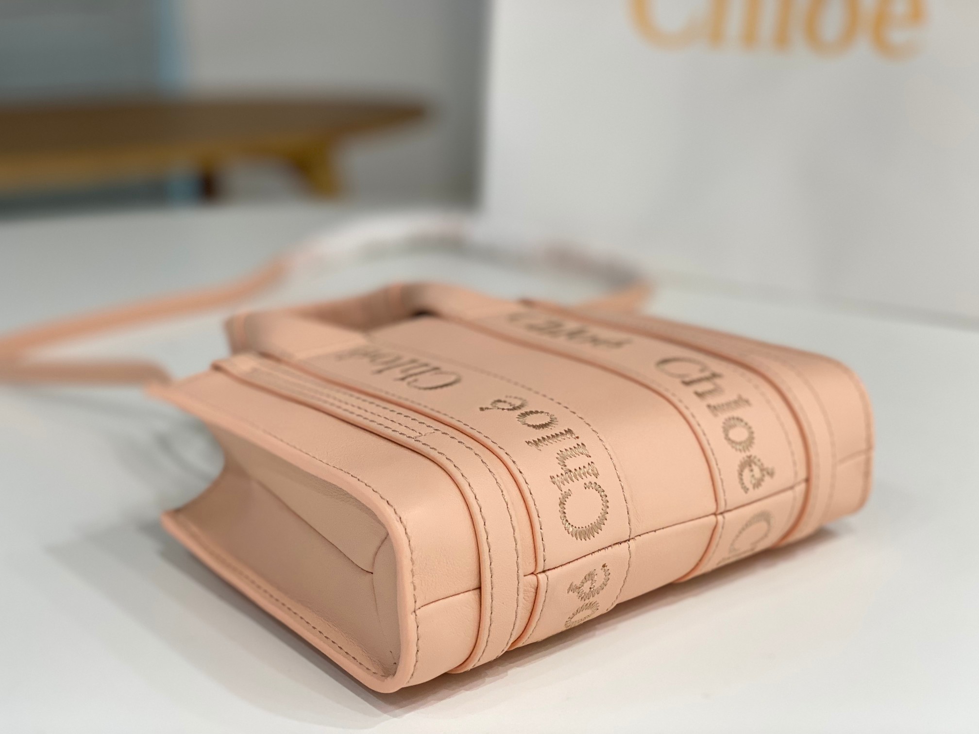 Chloe Mini Woody Tote Bag In Pink Soft Smooth Calfskin Leather